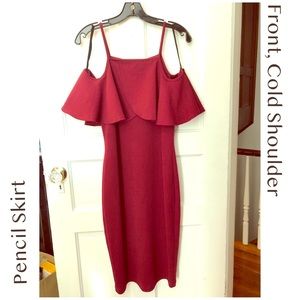 🤑SALE•Maroon Ruffled Cold Shoulder Pencil Dress